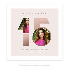 a pink and gold photo with the number fifteen on it's front, surrounded by an image of a woman