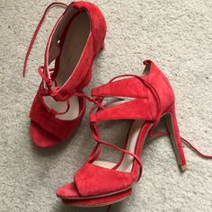 Brand New! Never Worn! Size 6 Red Suede Heels Red Strappy Heels For Spring, Red Strappy Sandals With 4-inch Heel, Chic Red Strappy Sandals, Red Strappy Heels With 4-inch Heel, Chic Red Sandals With 4-inch Heel, Red Heels With Heel Strap For Spring, Chic Red Platform Sandals, Chic Red Open Heel Heels, Red Open Heel Spring Heels