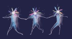 three people are dancing with colored powders on their bodies and arms, all in the same direction