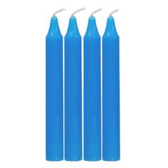 three blue candles sitting next to each other