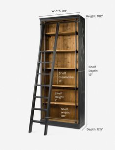 an open bookcase with ladders and shelves on each side, labeled height chart