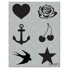 the stencils are designed to look like different tattoos and designs, including an anchor, rose, heart, star, cherub