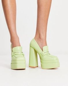 Daisy Street Exclusive double platform heeled loafers in lime | ASOS Colorful Wedding Shoes Chunky, Asos Wide Fit Shoes, Asos Platform Heels, Trendy Green Slip-on Heels, Spring Synthetic High Heel Platform Loafers, Summer Platform Loafers With Round Toe, Modern Platform Loafers With Pointed Toe For Spring, Modern Green Heels With Stacked Heel, Trendy Summer Platform Loafers