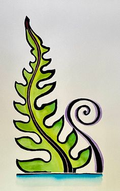 a painting of a green plant with swirls on it