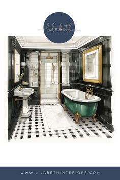 a bathroom with black and white checkered flooring, an oval mirror above the bathtub