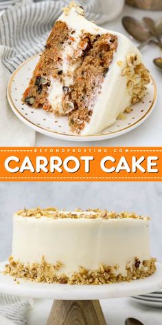 carrot cake with cream cheese frosting and nuts on top, served on a white plate