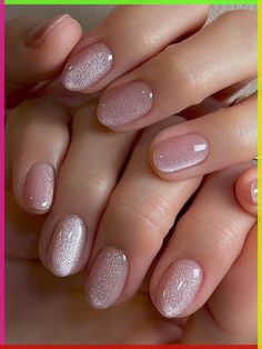 Pink Jelly Nails With Glitter, Bridesmaid Nails Glitter, Gel Nails Shimmer, Pink Glitter Gel Nails Short, In Trend Nails, Gliterry Nails Design Short, Pink Feminine Nails, Natural Nails With Sparkle, Nude Pink Sparkle Nails