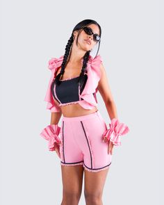 Love being at the center of attention? 😌 This matching set is your key to owning an entire room. Featuring a multi ruffle top, cuffs, and shorts for a complete fit that will have you slaying anywhere and everywhere 💅 Summer Ruffle Set With Shorts, Summer Ruffled Short Sets, Pink Short Set For Spring, Ruffled Short Length Tops For Spring, Ruffled Tops For Spring, Short Length, Ruffled Short-length Tops For Spring, Spring Ruffled Short Length Tops, Trendy Fitted Ruffle Shorts, Trendy Fitted Ruffled Shorts