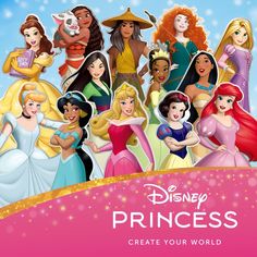 disney princesses are standing together in front of a pink background with the words, create your