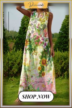 Sleeveless Floral V Neck Dresses Casual Multicolor Sleeveless Dress For Garden Party, Sleeveless Multicolor Dress For Garden Party, Multicolor Sleeveless Dress For Garden Party, Sleeveless Printed Maxi Dress For Garden Party, Flowy Sleeveless Dress For Garden Party, Flowy Printed Sleeveless Dress, Multicolor Flowy Sleeveless Dress, Bohemian A-line Sleeveless Dress For Spring, Green Floral Print Maxi Sleeveless Dress