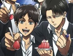 an anime character holding a piece of cake in front of other people with knifes