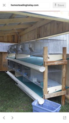 an image of a large chicken coop in the grass with two cages on each side