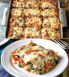 two different pictures of lasagna casserole with cheese and spinach