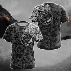 a black and white image of a wolf with celtic designs on it's shirt