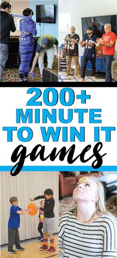 several pictures with the words, 200 + minute to win it games on them and images of children playing