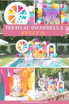 an outdoor party with colorful balloons, candy bars and carnival rides is featured in this collage