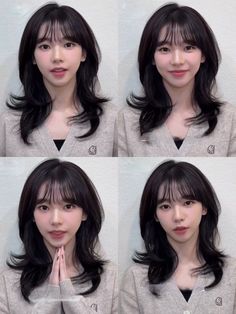 four different pictures of a woman with long black hair, wearing grey shirt and gray sweater