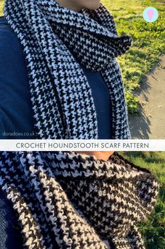 a woman wearing a black and white knitted scarf with text which reads, crochet houndstooth scarf pattern