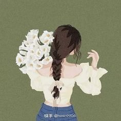 a girl with flowers in her hair is holding out her arms to the side and looking down