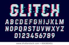 an old school font and numbers in the style of glitch on a dark background