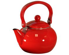 a red tea pot with a handle