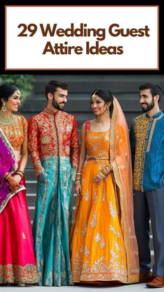 Vibrant wedding guest attire featuring traditional Indian outfits, including colorful lehengas, sherwanis, and elegant embroidery, ideal for festive celebrations.