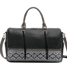 Made Of Pu Leather, This Western Weekender Bag Has: Embossed Geometric Aztec And Thunderbird Pattern Whipstitch Detail Accented With Antique Silver Studs Leather Tassel On The Front Top Zipper Closure Inside Of The Bag Includes A Zippered Pocket And 2 Open Pockets A Zippered Pocket On The Back/ Back Pocket Sleeve Slides Over Rolling Luggage Handles Metal Feet On The Bottom For Protection And Stability Double Round Handle Detachable/Adjustable Shoulder Strap Included 18.8" (L) X 7.2"(D) X 13.2"(H Black Satchel Weekender Bag With Zipper Closure, Black Rectangular Weekender Bag With Zipper, Black Weekender Bag For Travel, Black Weekender Bag With Handles For Travel, Black Weekender Bag With Adjustable Strap, Black Rectangular Weekender Bag With Leather Handles, Black Weekender Tote Bag With Handles, Black Weekender Bag With Handles For Everyday Use, Black Weekender Bag For Daily Use