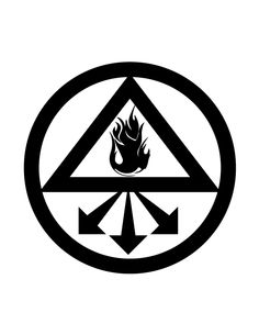 a black and white image of a fire in a triangle with an arrow pointing to the right