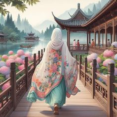 a painting of a woman walking across a bridge with flowers in the foreground and pagodas in the background