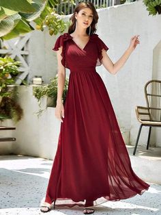 Elegant Pleated Bodice Ruffles Sleeves Chiffon Evening Dress Long Chiffon Evening Dress, Ruffles Sleeves, Chiffon Evening Dress, Dress With Ruffle Sleeves, Chiffon Evening Dresses, Dress Chiffon, Pleated Bodice, Chiffon Bridesmaid Dress, Chiffon Ruffle