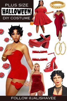 a collage of women in red dresses and accessories with the words plus size halloween diy costume