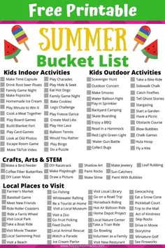 the free printable summer bucket list for kids with pictures and activities to help them get ready