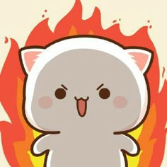 a cartoon cat is standing in front of a fire with its tongue out and eyes wide open