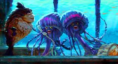 three octopus like creatures standing next to each other in front of an aquarium with blue water