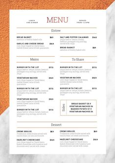 an orange and white restaurant menu on top of a marble table with the word, menu written