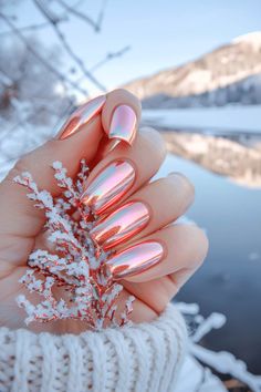 45+ Chrome Nails That Will Make Your Mani Pop Nails Acrylic Short Chrome, Pink Chrome Winter Nails, Chrome December Nails, Different Chrome Nails, Chrome Christmas Nails Short, Clear Chrome Nails Designs, Acrylic Nails Salon, Short Nails Ideas Chrome, December Nails Chrome