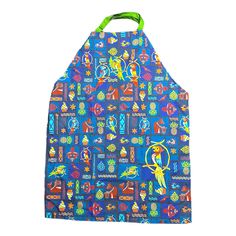 a blue apron with colorful images on it