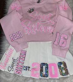 Sweet 16 Birthday Sweatshirt and Skirt Outfit Custom Birthday Sweaters, Cute Sweet 16 Outfits Casual, Tennis Skirt Birthday Outfit, Pleated Skirt Birthday Outfit, Sweet 16 School Outfit, Sweet 16 Outfits For School, Sweet 16 Skirt Outfits, Pink Sweet 16 Outfit Ideas, Outfit For A Birthday Dinner