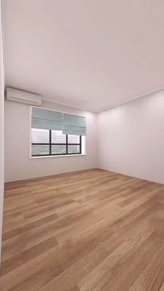 an empty room with wood flooring and white walls is seen in this 3d image