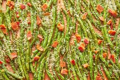 asparagus with bacon and parmesan cheese on top