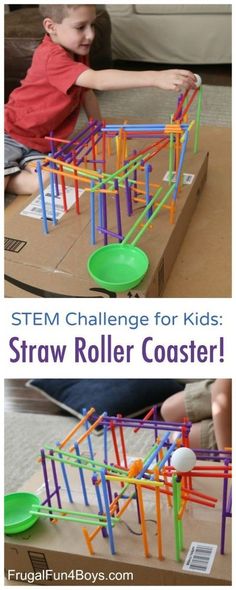 Build a roller coaster for a ping pong ball out of straws, hot glue, and a cardboard box for a base. This STEM challenge for kids is awesome because the materials are so simple and inexpensive! The track is surprisingly sturdy, and kids will have a blast creating a path for their ball. Great if you teach in a special education classroom. Stem Challenge, Project For Kids, Steam Activities, Engineering Projects, Stem Challenges, Stem Projects