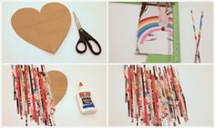 several pictures of different types of crafting supplies including scissors, paper strips and glue