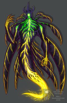 an image of a creature with yellow and green lights