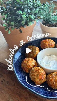 a blue plate topped with meatballs next to a potted plant and bowl of yogurt