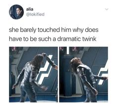 two pictures of the same person dancing in front of a mirror with caption that reads, she barely touched him why does he have to be such a dramatic twink