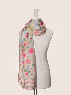 This scarf with a flower print in dainty pastel colors is an elegant accessory for spring or summer days.  This scarf is particularly well-suited for weddings, as it enhances the overall ensemble with its graceful appearance. Its lightweight nature makes it comfortable to wear even on warmer days, while the fine silk material adds a luxurious element to any wedding attire.  Whether draped around the neck, tied in a stylish knot, or used as a shawl, this scarf makes it an ideal choice for both fo Summer Head Scarf, Quirky Outfits, Shawl For Wedding, Scarf For Hair, Ladies Gifts, Head Wraps For Women, Silk Scarf Hair, Floral Silk Scarf, Hair Summer