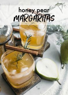 honey pear margaritas with rosemary garnish in glasses