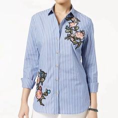 Very Cute Top Made Of 100% Cotton By Polly & Esther Women's Floral-Embroidered Button Up Shirt Blue Juniors Size Xs. Condition Is "New With Tags". Blue Collared Shirt With Floral Embroidery, Striped Embroidered Cotton Tops, Blue Button-up Shirt With Floral Embroidery, Embroidered Striped Cotton Tops, Floral Embroidered Shirt, Buffalo Plaid Flannel, Rayon Shirt, Yellow Plaid, Top Floral