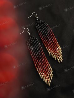 Red fringe beaded earrings Red earrings for women Seed bead jewelry Modern boho earrings Long dangle earrings Beaded jewelry Beadwork Traditional Fringe Beaded Drop Earrings, Traditional Fringe Beaded Earrings With Round Beads, Traditional Beaded Earrings With Fringe And Round Beads, Traditional Beaded Earrings With Tassels, Traditional Fringed Beaded Earrings, Adjustable Red Handwoven Earrings, Traditional Red Beaded Tassel Earrings, Traditional Chandelier Earrings With Tassels And Round Beads, Traditional Red Jewelry With Tassels