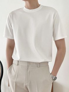 Men Solid Round Neck Tee White Casual  Short Sleeve Knitted Fabric Plain  Non-Stretch  Men Clothing, size features are:Bust: ,Length: ,Sleeve Length: White Tee Shirt Outfit Men, White Shirts For Men, Men White T Shirt Outfit, Casual Outfits For Men Simple, White Plain T Shirt, Tshirts For Men Casual, White Tshirt Outfit For Men, White Tee Shirt Outfit, Minimalist Outfit Men